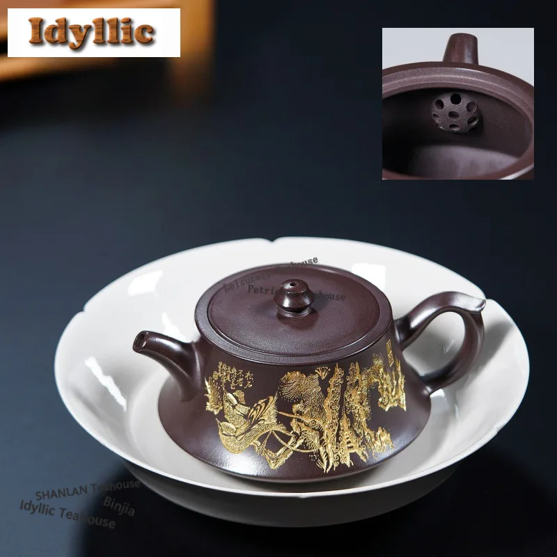 

250ml Yixing Purple Clay Teapots Handmade Gold Carved Pot Raw Ore Purple Mud Kettle Chinese Zisha Tea Set Cafes Ornaments Craft