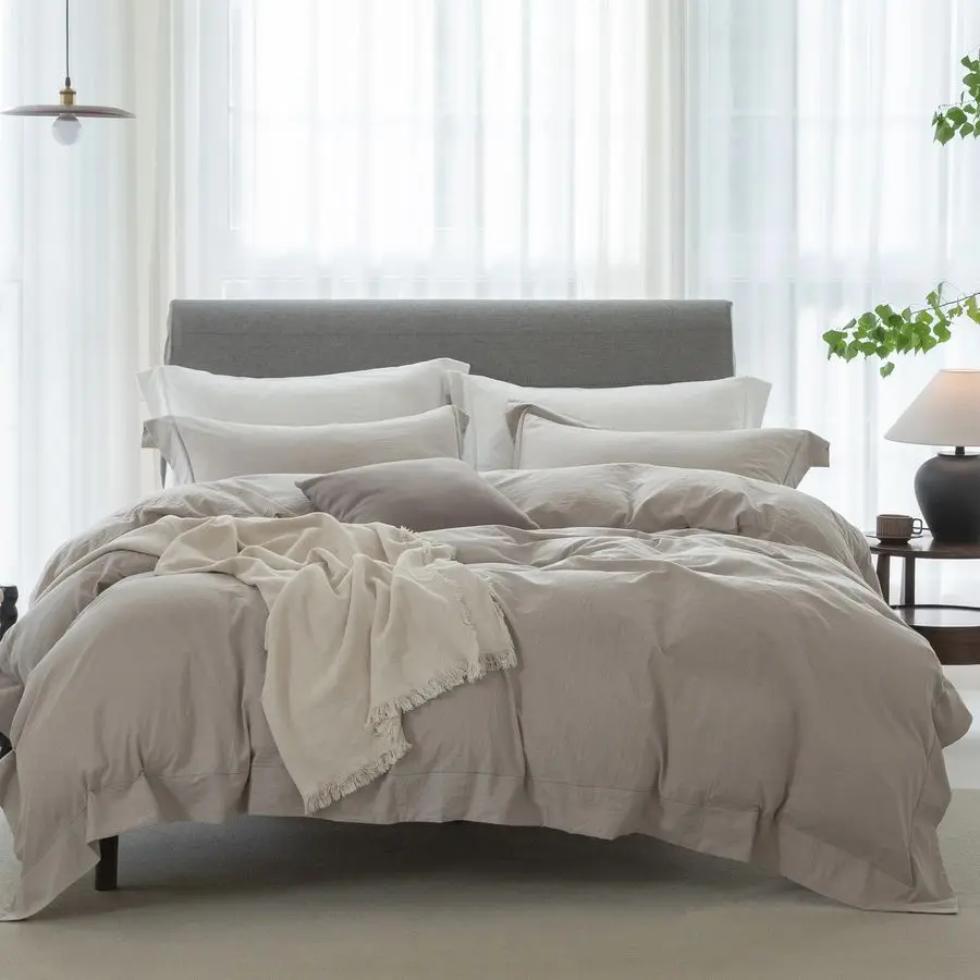 

King Duvet Cover Set 3 Pieces100 Washed Cotton with Chic Wide Trim Design Linen Like Textured Ultra Soft Cozy Bedding with Zippe
