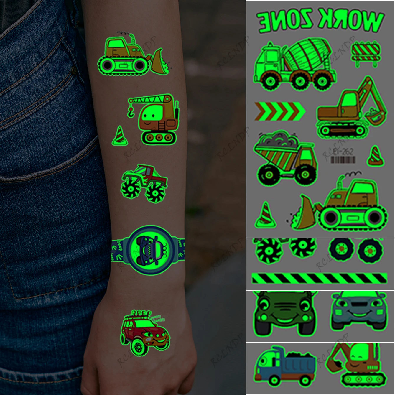 Waterproof Temporary Tattoo Sticker Cartoon car excavator forklift glows at night Fake Tatto Flash Tatoo Tato for Girl Women Men