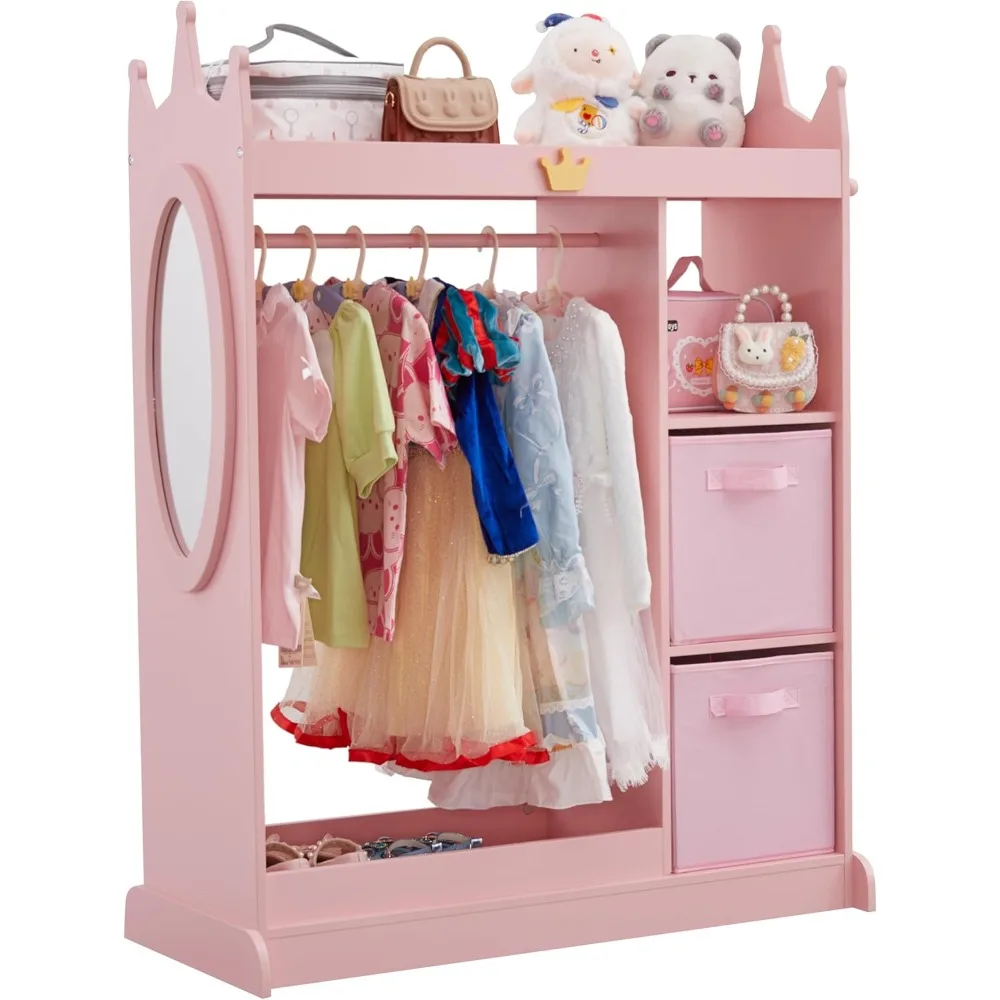 Kids Dress up Storage with Mirror, 2 Storage Bins & Cloth Hanger, Kids Play Armoire Dresser Pretend Storage Closet for Bedroom