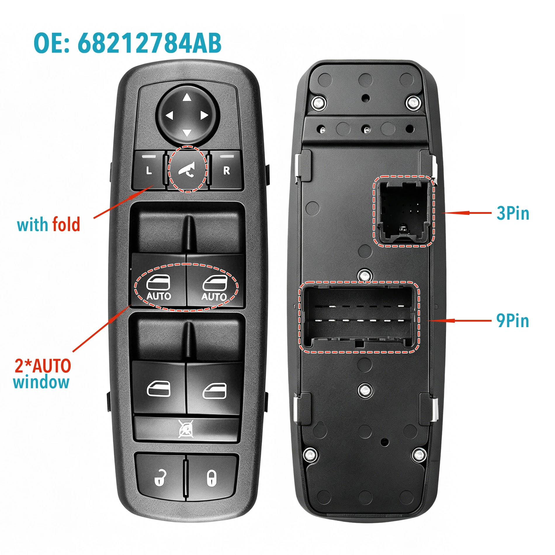 68212784AB 3+9 Pin For Dodge Ram 1500 2500 3500 2013 2014 2015 2016,Front Driver Side Power Window Glass Lifter Control Switch view 5