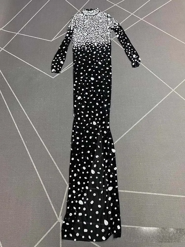 Alta qualidade estampagem quente sexy malha preta vestido elástico 2025 nova moda roupas femininas personalizadas