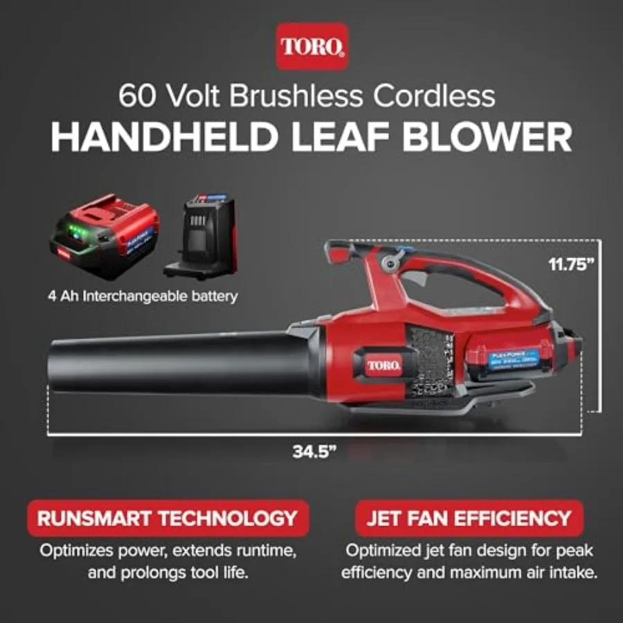 منفاخ أوراق شجر لاسلكي بدون فرش كهربائي بحد أقصى 60 فولت مع سرعة هواء 120 ميلا في الساعة و605 CFM لتنظيف الفناء بكفاءة قوية 2.5