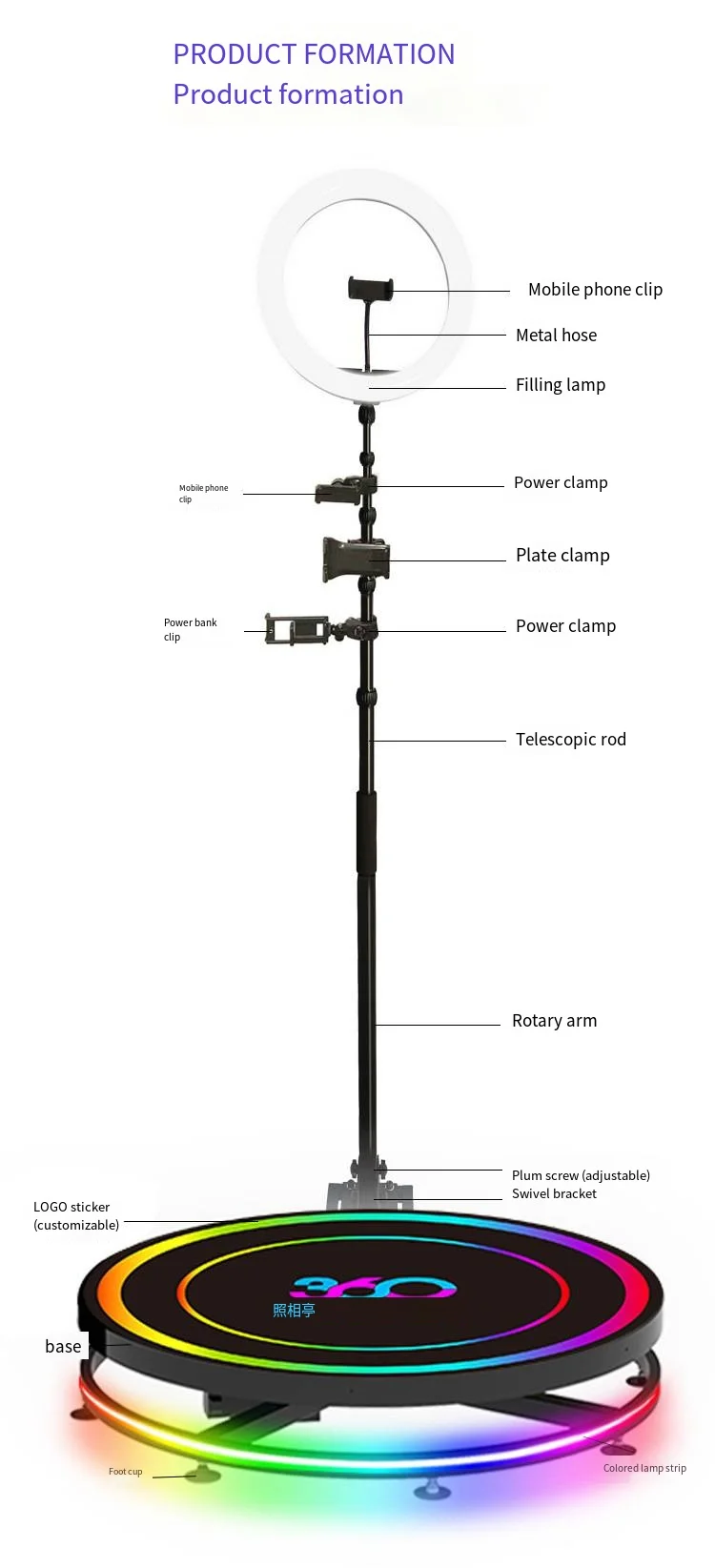 360 Degree ring racket equipment 360 Rotating surround shooting device 360photo booth Selfie circle