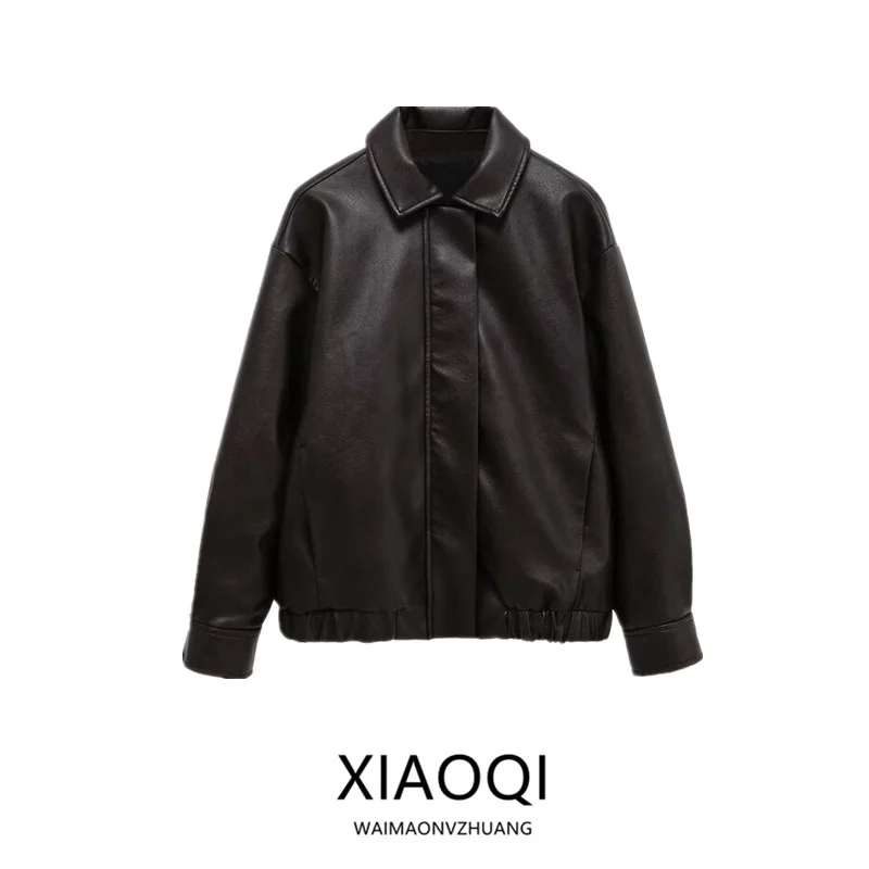 Fall 2025 Women's Leather Pilot Jaet Long Sve Turn-down Collar Outerwear Sli European Sle Ladies ort Coat