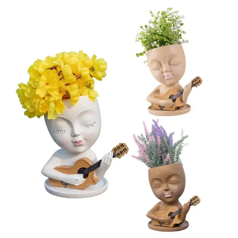 

Girl Face Flowerpot Resin Succulents Pots Vase Decoration With Drainage Hole Guitar For Living Room Indoor Flower Growing