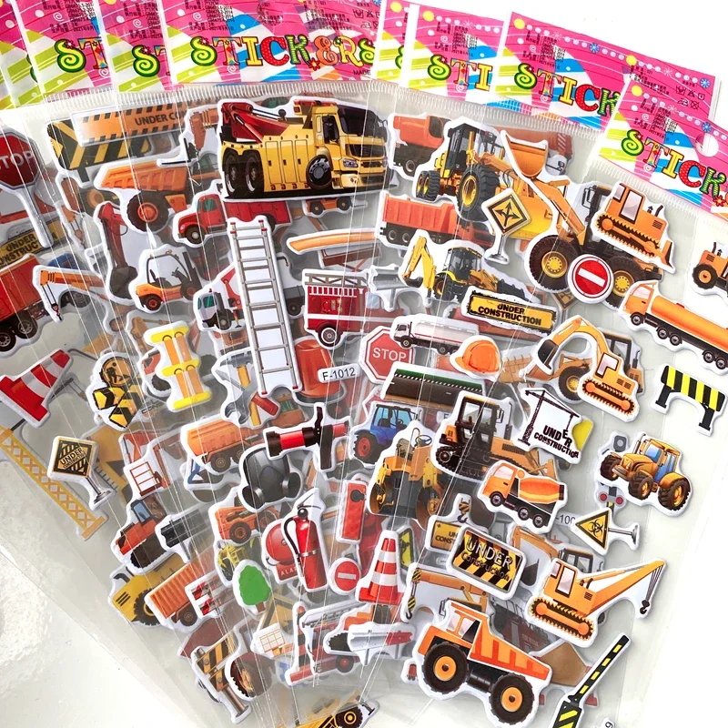 10 Mixed Packs Kids Stickers Puffy Bulk Stickers for Girl Boy Birthday Gift Scrapbooking Cartoon Engineering Vehicle Stickers