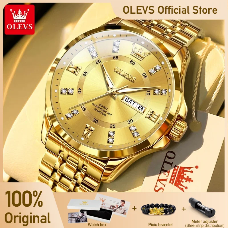 OLEVS 3620 Mens Watch Original Brand Quartz Wristwatch Waterproof Luminous Reloj Automatic Watches For Men Dual Calendar Display