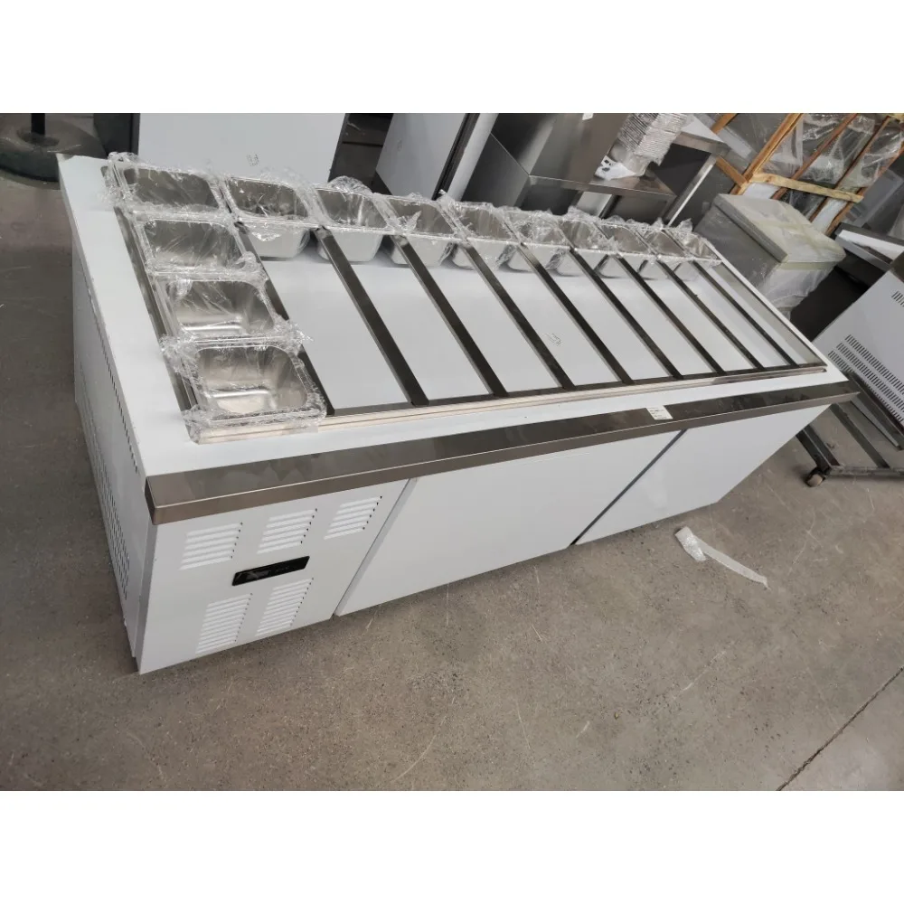 Factory Wholesale Commercial Salad Table Slotted Fresh-keeping Air Cooling Stainless Steel 201 2-Door Silver White Automatic view 2
