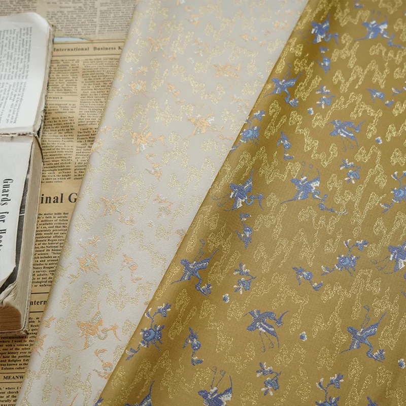 L100cm X W150cm Red Crowned Crane Jacquard Fabric Chinese Style Vest Hanfu Bag Brocade Yarn Dyed Elegant DIY Sewing Material