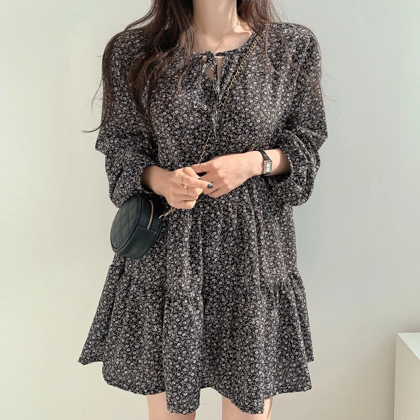 

Women Black Dress 2024 New Office Lady Korea Style Flounced Loose Chiffon Floral Print Long Sleeve Dresses