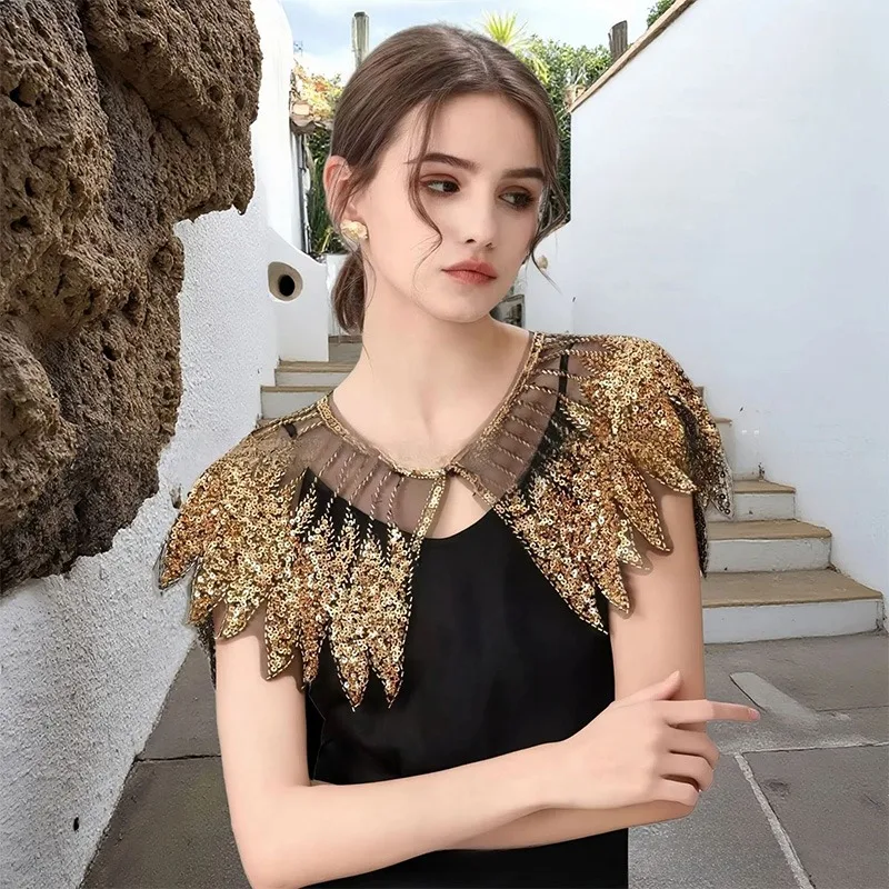 레트로 스타일 볼룸 이브닝 가운 액세서리 스팽글 숄 스팽글 비즈 자수 어깨에 걸치는 드레이프