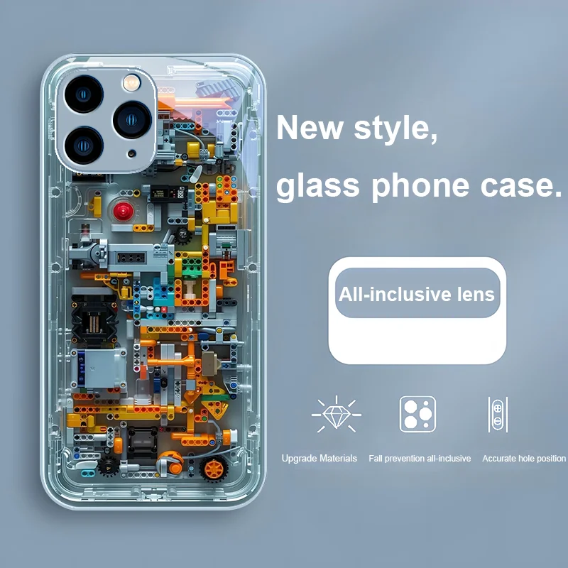 Mechanischer Innenraum Blau Lila für iPhone 15 14 13 12 Mini 11 Pro Max X XS XR 7 8 Plus 2020 22 SE Handyhülle aus gehärtetem Glas