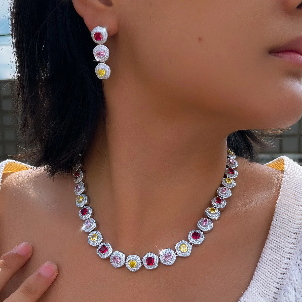 Women's Fashion Micro-Inlaid Zircon Color Necklace And Earrings Set Party Jewelry Accessories T0369