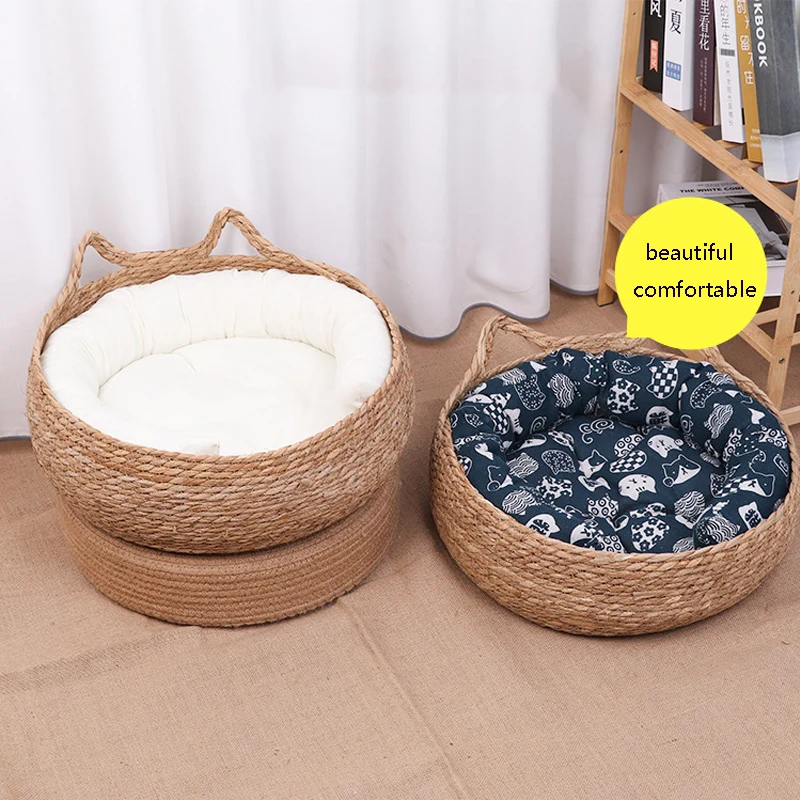 Four Seasons Cat Bed Woven Removable Upholstery Sleeping House Cat Scratch Floor Rattan Washable Cats Pet Products Accessories