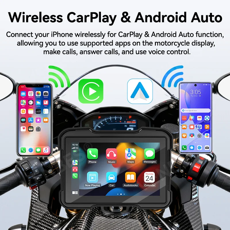 VENBES 5-Inch Portable Motorcycle GPS Navigator with Wireless CarPlay & Android Auto, Touchscreen, Quick-Release Design
