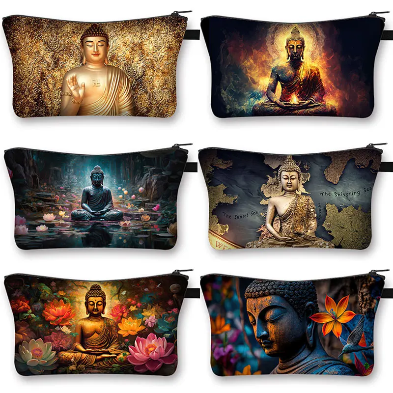 

Buddhist Art Print Cosmetic Case Shakyamuni Buddha Manjushri Mahakala Makeup Storage Beauty Bags Toiletry Kits Lipstick Bag Gift