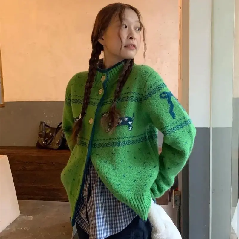 

Vintage Fair Isle Knitted Cardigan Women Sausage Dog Embroidery Christmas Long Sleeve Sweater Harajuku Loose Winter