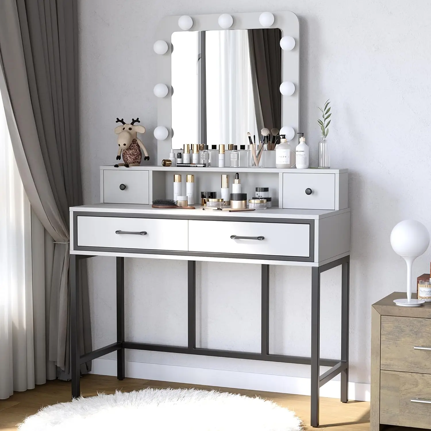 

Vanity Desk with Mirror and Lights, Makeup Vanity 3 Color Dimmable Lighted Hollywood Mirror, White Makeup Table with 4 Drawers