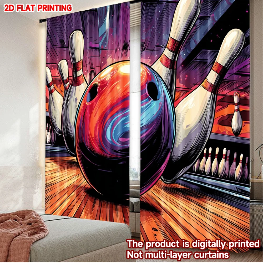 2pcs Bowling Ball Curtains 2D Flat Digital Printing, Colorful Sport Ball with White Pins on Alley Background for Game Room Decor