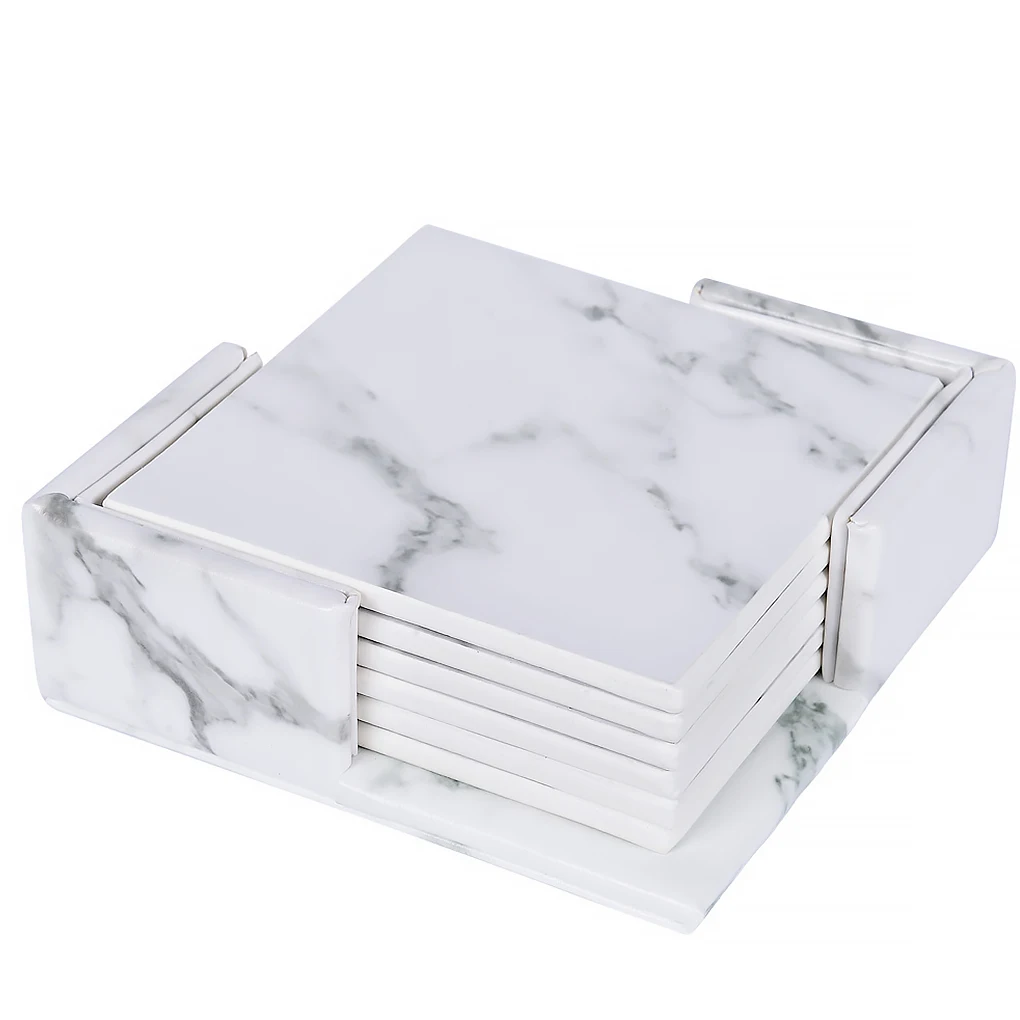 

Heat-insulated Cup Mat Faux Leather Drinking Coaster Non-slip Coffee Tea Pad Square Placemat, Square Marbling
