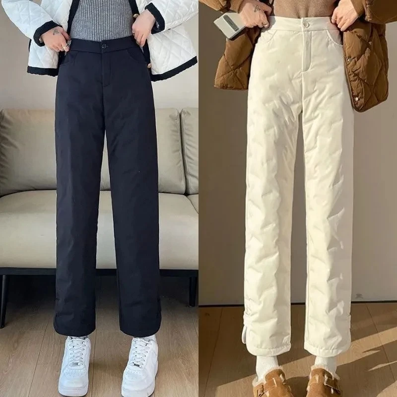 

Thicken Straight leg Pants Winter Down Cotton Casual Thick Warm Fluffy Women Pantalones Snow Wear High Waist New Spodnie