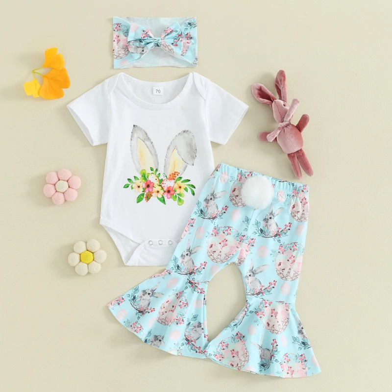 

Geagodelia Baby Girls Easter Outfit Letter Print Short Sleeves Romper and Egg Print Flare Pants Headband Summer 3 Piece Clothes