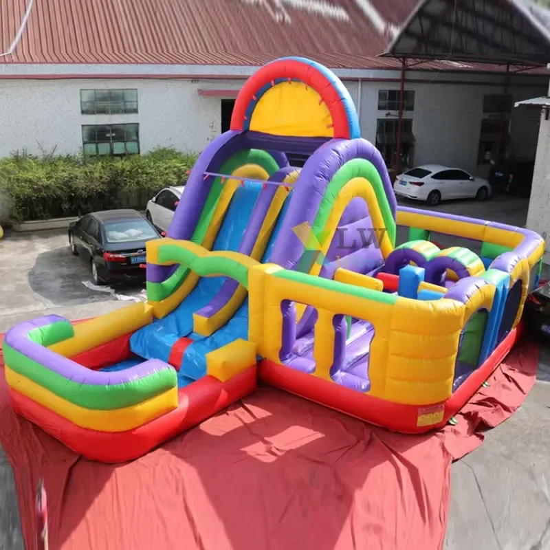Funny Large Commercial Bounce House Inflatable Obstacles Course with Water Slide 0.55mm PVC Tarpaulin Customized Color Option