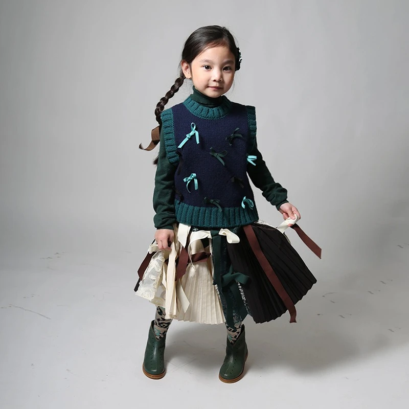 خمر نمط فتاة زهرة القوس متماسكة سترة نصف تنورة مجموعة 2025 الشتاء الخريف اليدوية سترة للفتيات محبوك Cardgan مطوي #2