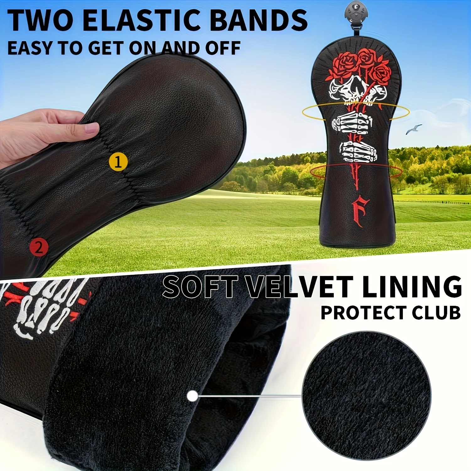 1pc/4pcs Skull And Rose Pattern Golf Headcovers, PU Material with Soft Inner Lining, Club Protector for Driver, Fairway, Hybrid image 4