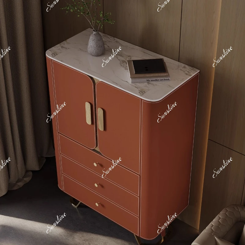 

Furniture light luxury rock slab dining side, modern living room entrance cabinet storage saddle leather against the wall