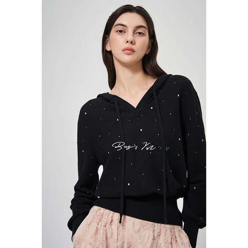 

Эластичный вязаный топ с капюшоном и эффектом похудения, универсальный маленький корейский длинный свек с пайетками, обычный...