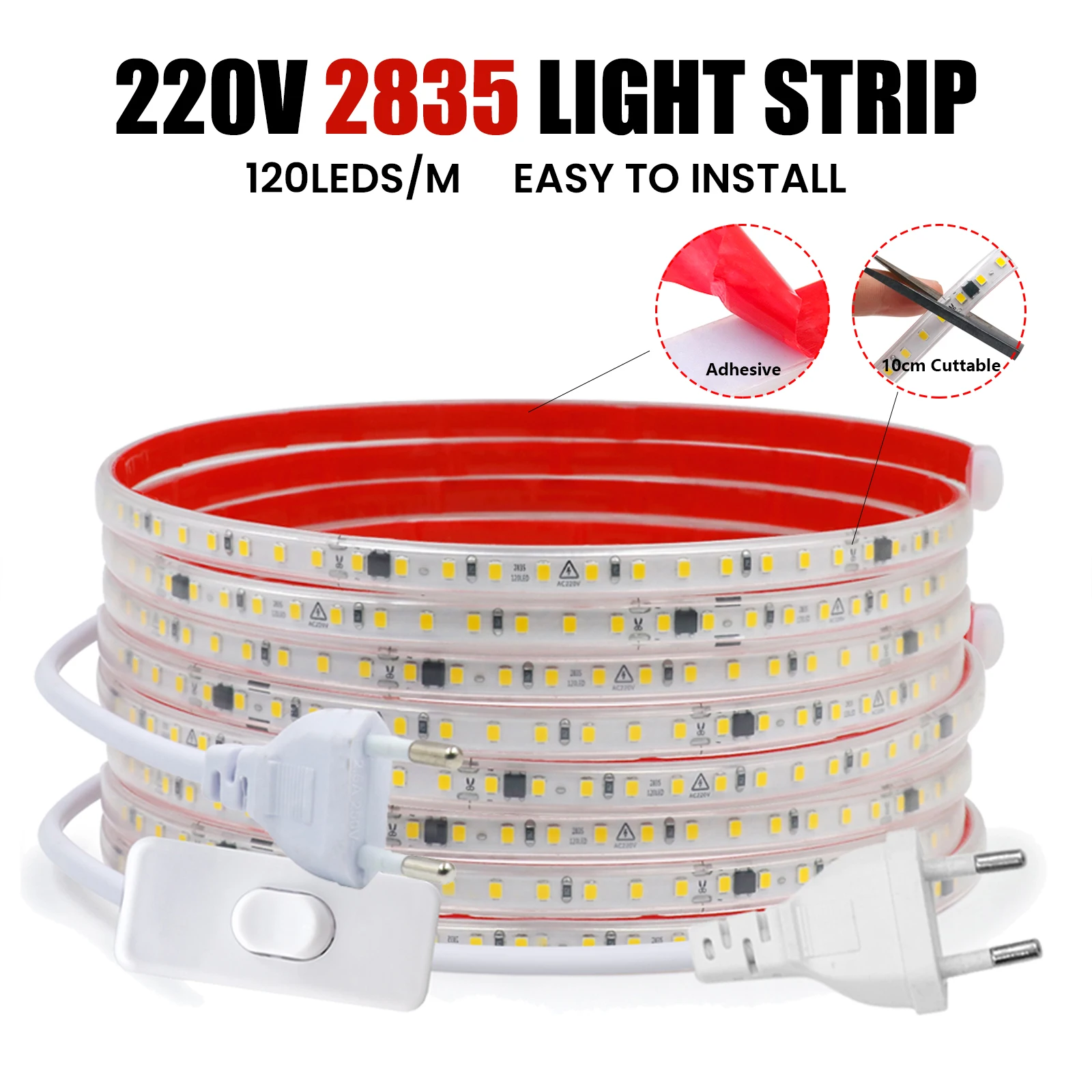 

120LED/m 2835 LED Strip 220V Waterproof 10cm Cuttable Flexible LED Strip Light For Bedroom Kitchen 0.5M 5M 10M 20M 30M 40M