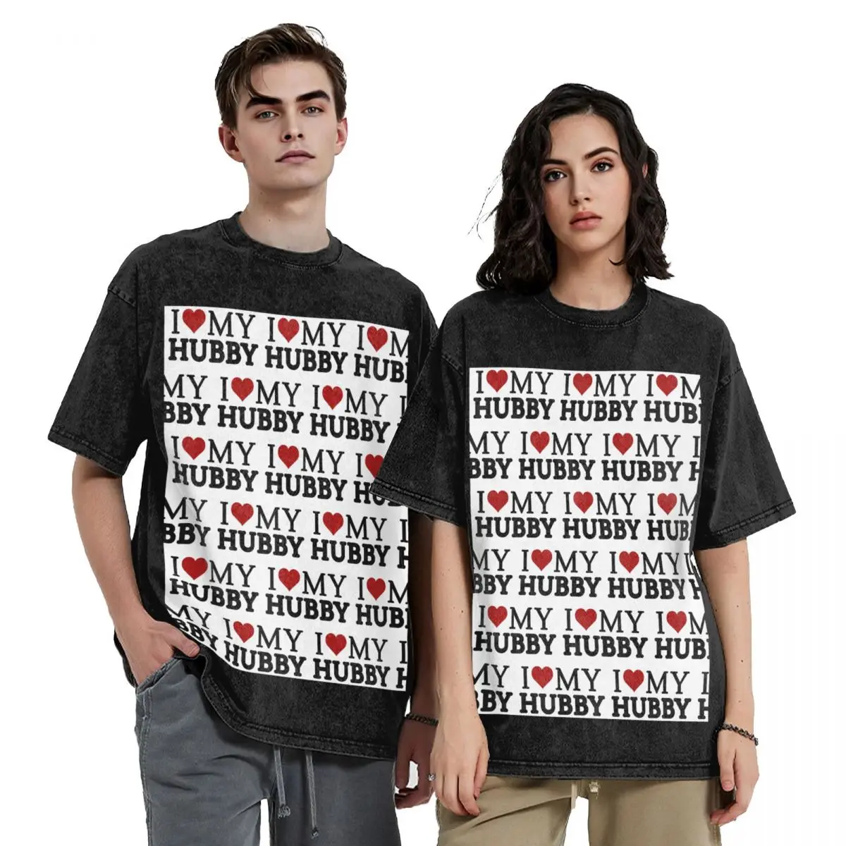 I LOVE MY HUBBY Hip Hop Short Sleeve T-Shirts Washed Tops Tees Streetwear T Shirt Oversized for Men woman