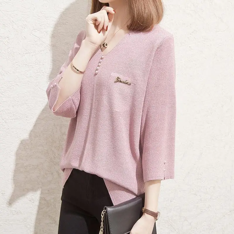 Women Spring Summer Fashion V Neck Beaded Button Thin Ice Silk Knitted T Shirt Female Solid Loose Three Quarter Sleeve Chic Tops