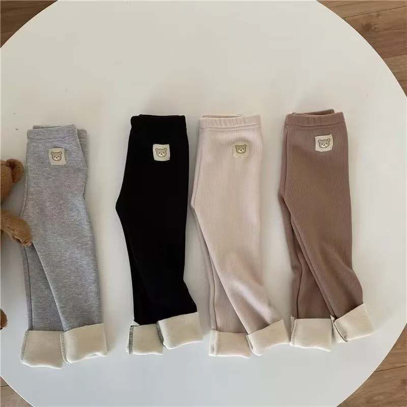 Fleece Lined Leggings for Girls Winter Warm Bear Patch Elastic Pants Soft 1-6Y Kids Trousers