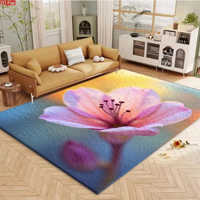 Delicate Pink Spring Flower Close-up Carpet Flooring, Soft Floral Nature Non-Slip Area Rug for Living Room Bedroom Home Decor