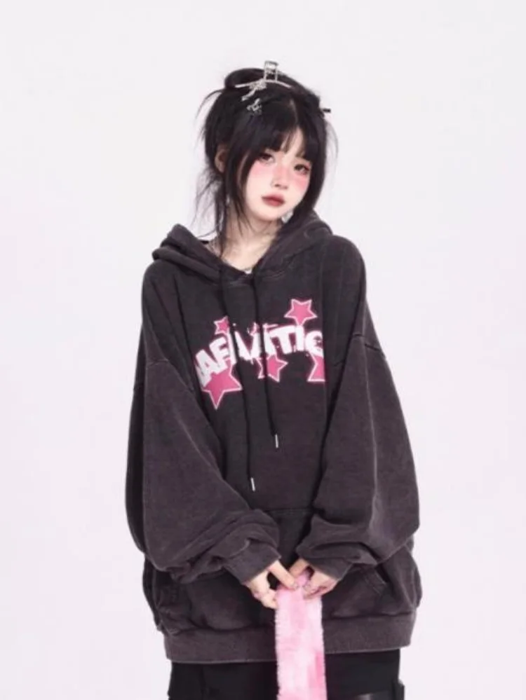 KOSAHIKI Spring Autumn Loose Hoodie Women Harajuku Gothic Star Print Vintage Hoody Streetwear Pullover Y2k Aesthetic Sweatshirt