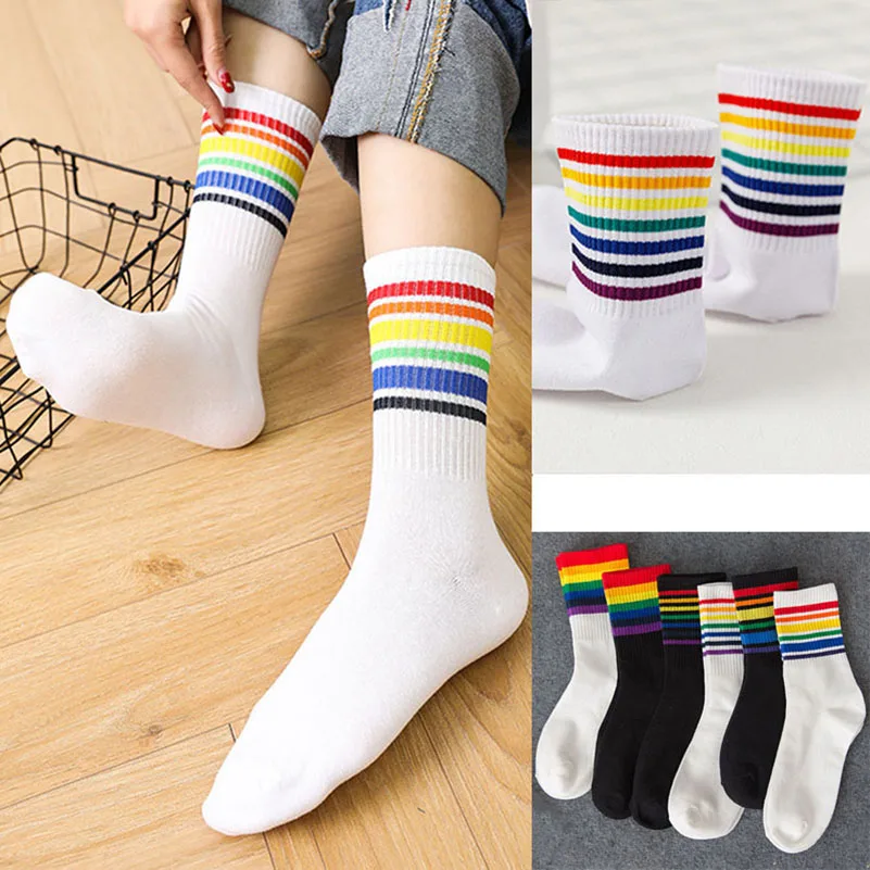 3 pares arco-íris listrado meias de algodão na moda selvagem das mulheres lazer respirável conforto suor harajuku engraçado calcetines arte meia sox