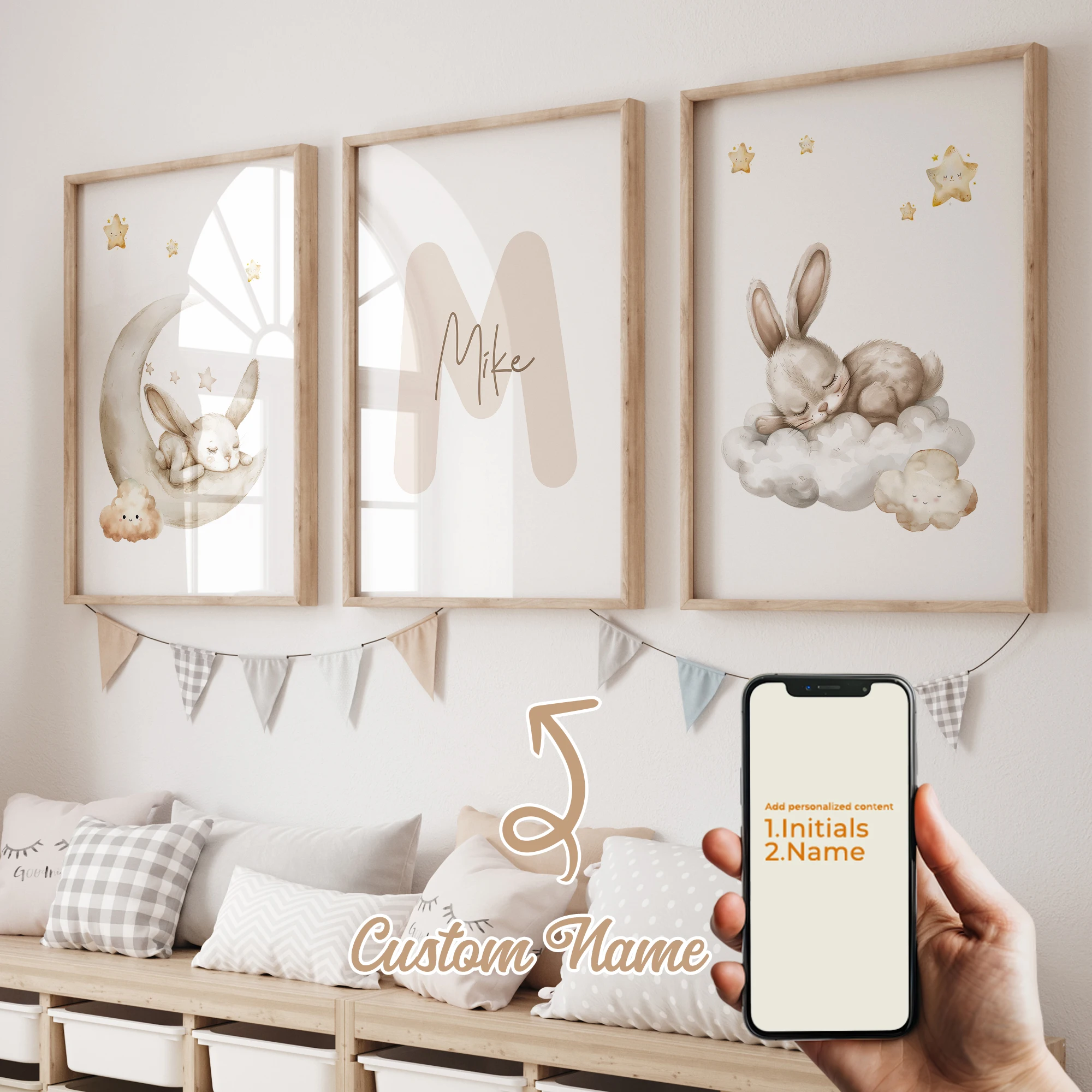 3pcs Personalized Custom Name Cartoon Child Rabbit Wall Art Print Picture Canvas Poster Painting For Living Room Home Decor