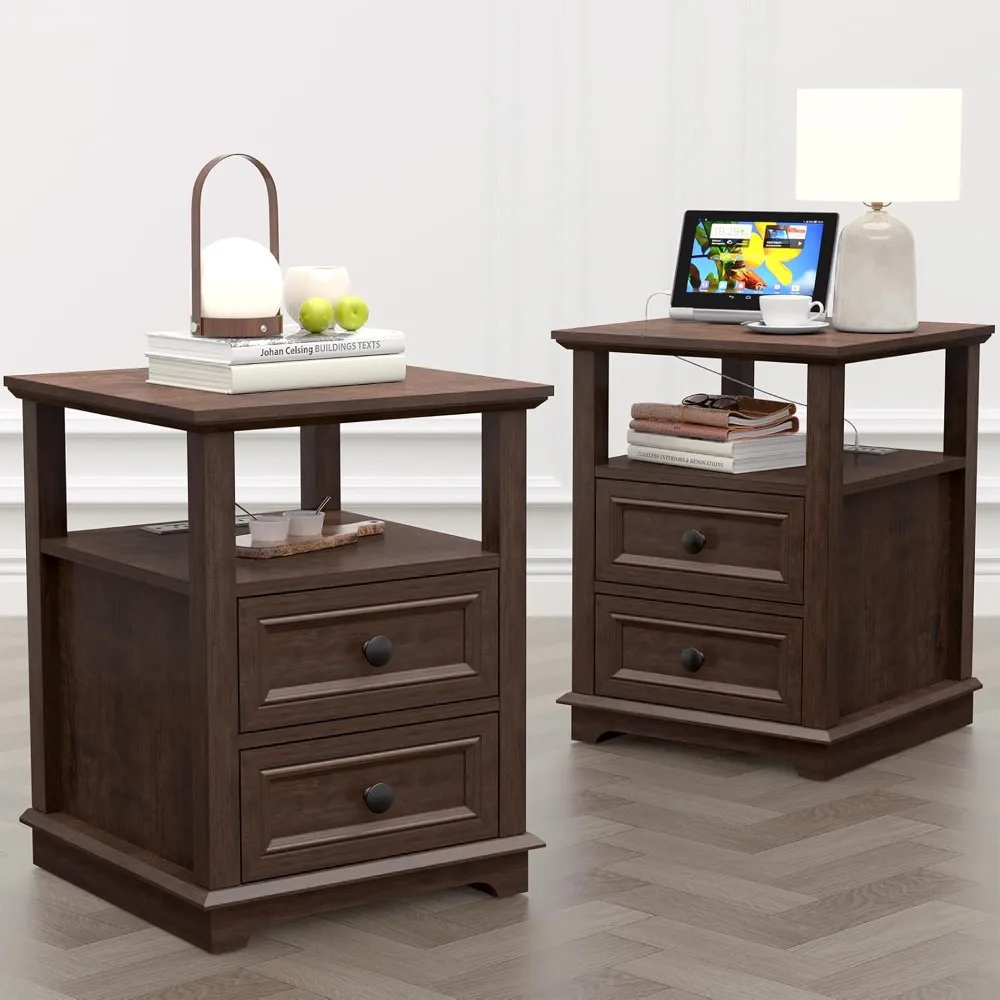 Nightstand with Charging Station Set of 2, End Table Set of 2, Large 18” Side Table with Drawers, Storage Cabinet with Open