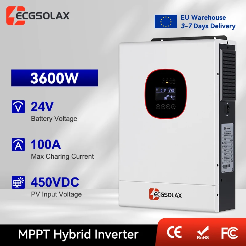 ECGSOLAX Onduleur Solaire Hybride 3.6KW 24V 230Vac avec Chargeur Solaire MPPT 100A, Onduleur Solaire Hybride Hors Réseau, Max PV 450VDC