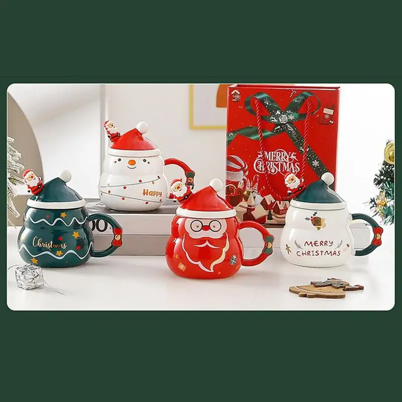 Christmas Tea Mug 500ml Ceramic Milk Mug With Christmas Hat Lid And Santa Claus Spoon Juice Cup With Handle For Women Girls