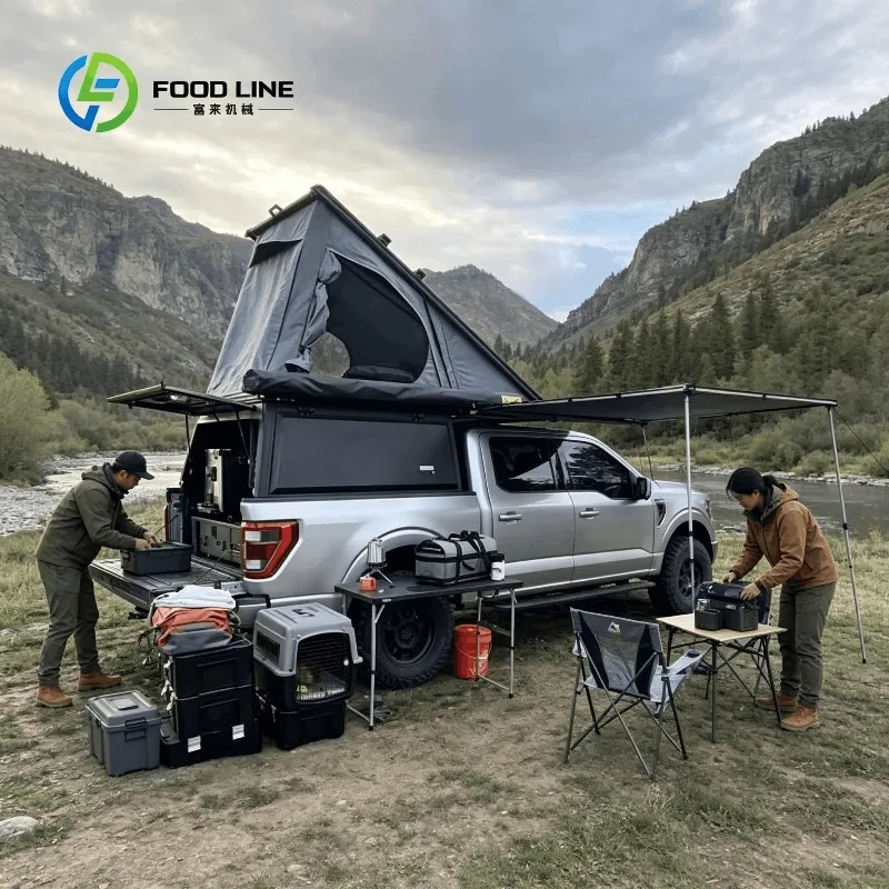 Custom pickup integrated canopy rooftop tent triangle hard shell side storage space for wilderness overland adventure campers