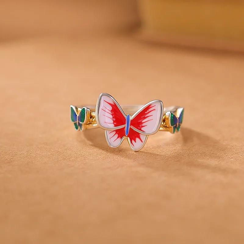 

TIMESWIND Sweet S999 Silver Enamel Three-d Gradient Butterfly Women Open Ring with Certificate