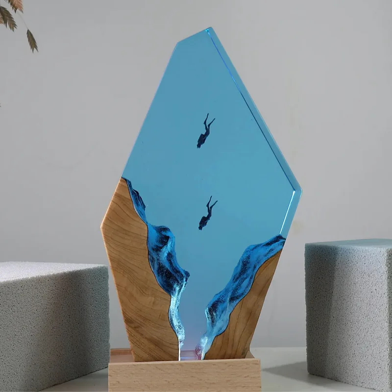 Glow Resin Wood Night Light Ocean Whale Diver Desk Art Decor Birthday Gift