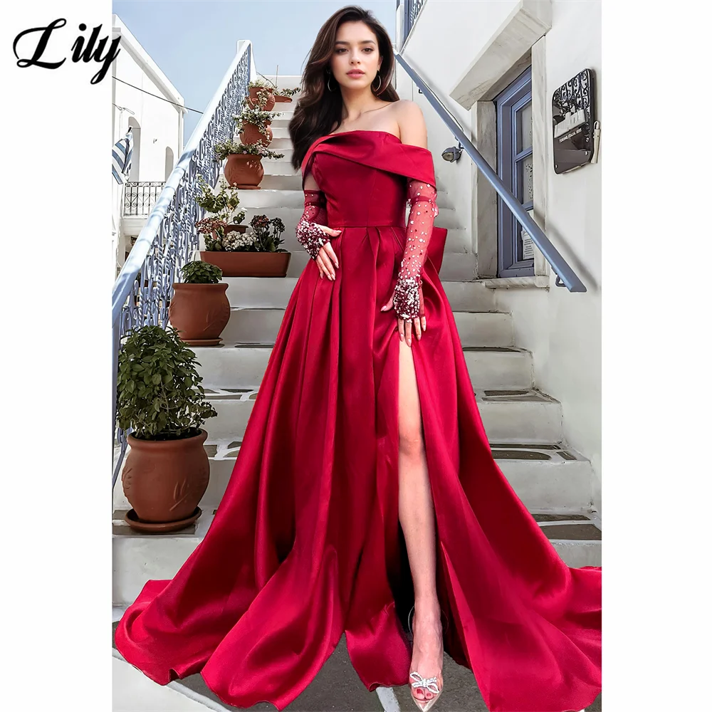 

Lily Red A-Line فساتين السهرة Off The Shoulder Bow Back Prom Dress with Slit Design and Embellished Gloves Prom Gown Customized