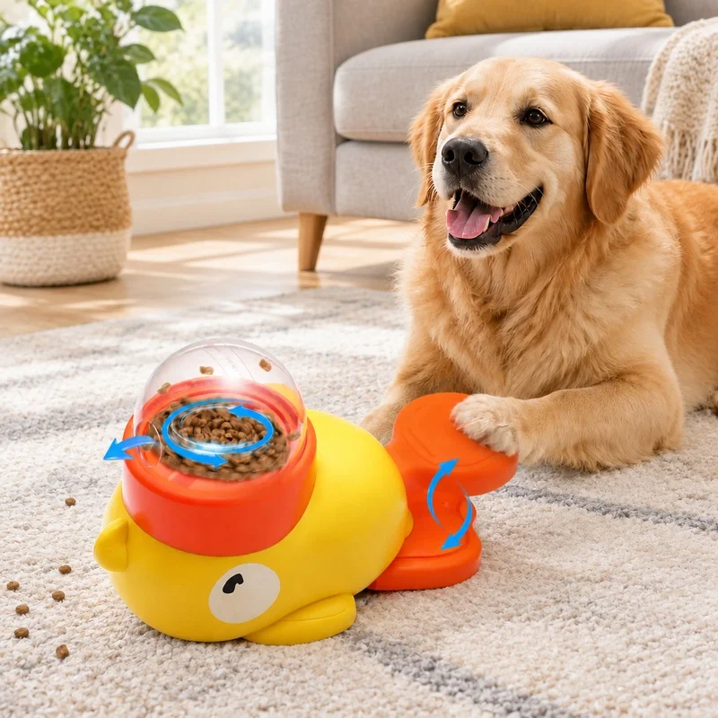 Interactive Pet Feeder Toy in Duck Shape with Timed Slow-Dispense Function for Dog Training