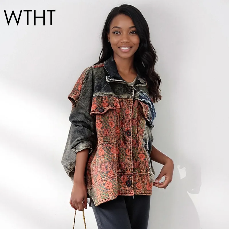 

WTHT винтажная модная женская лоскутная свободная джинсовая куртка с заусенцами, осень 2022, модное пальто с длинными рукавами и лацканами, женское 1LS2543
