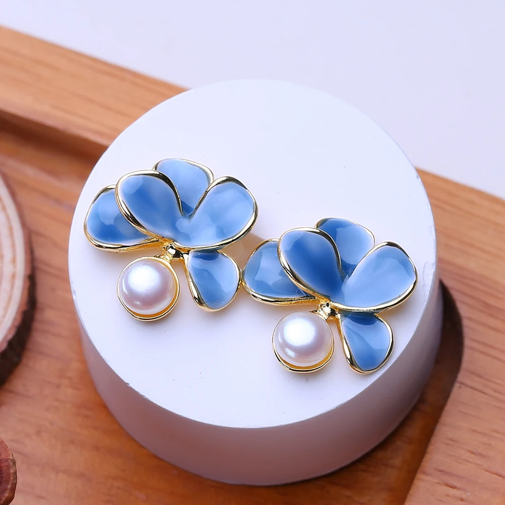 FENASY Freshwater Pearl 925 Sterling Silver Blue Flower Stud Earrings Wedding Jewelry Birthday Anniversary Gifts For Women